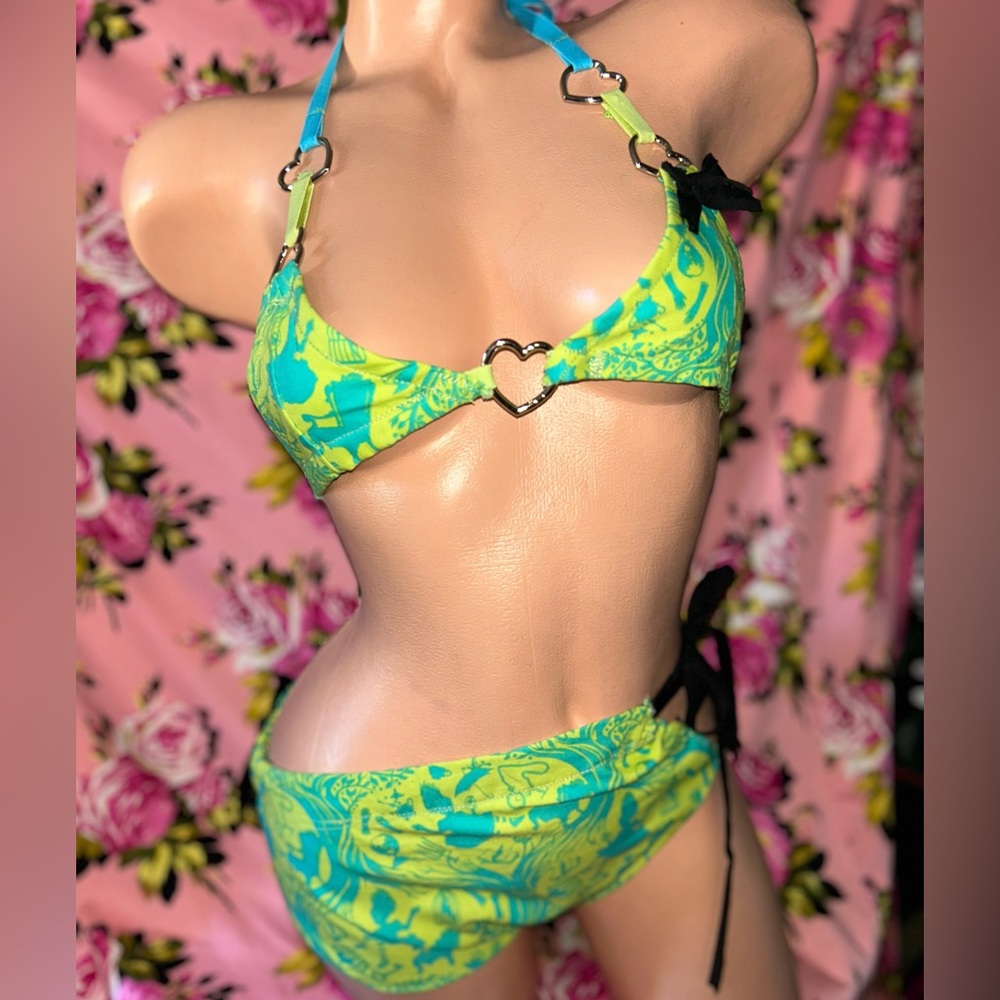 Blue green Alice in wonderland bra top crop homemade bustier bralette bikini